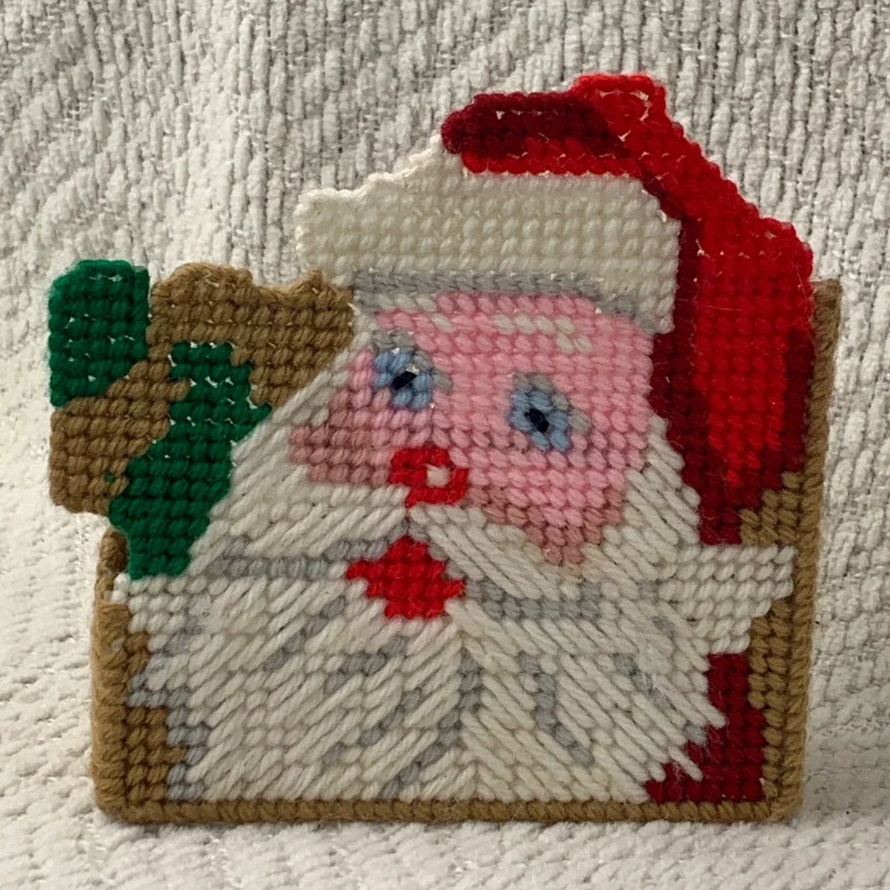 Vintage Christmas Santa Claus Napkin Holder Plastic Canvas Retro Kitchen Decor